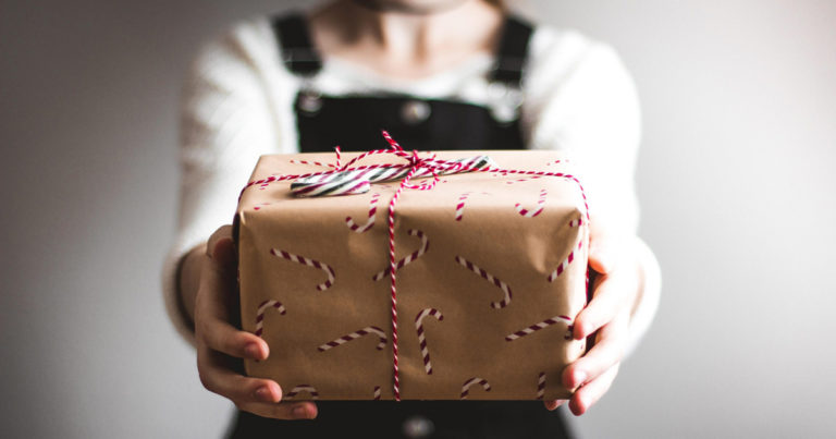 A close-up of a wrapped Christmas present