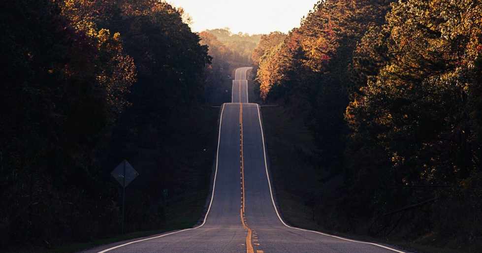 A long, straight, paved road parts a forest and climbs up and down hills.