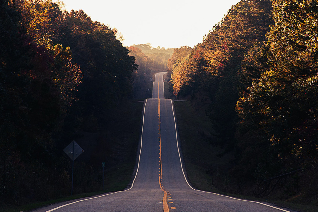 A long, straight, paved road parts a forest and climbs up and down hills.
